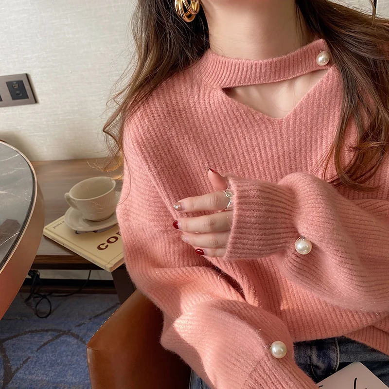 

Элегантный Однотонный свитер, женский зимний Повседневный вязаный пуловер с V-образным вырезом и длинным рукавом, простой свободный мягкий базовый джемпер для женщин