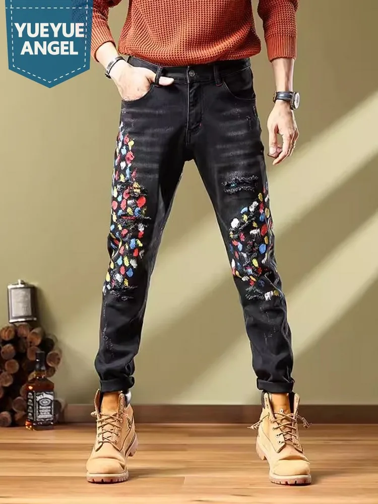 

Spring New Mens Colorful Printed Denim Pants Hole Ripped Slim Fit Jeans Casual Streetwear Long Trousers Male Cargo Cowboy Pants