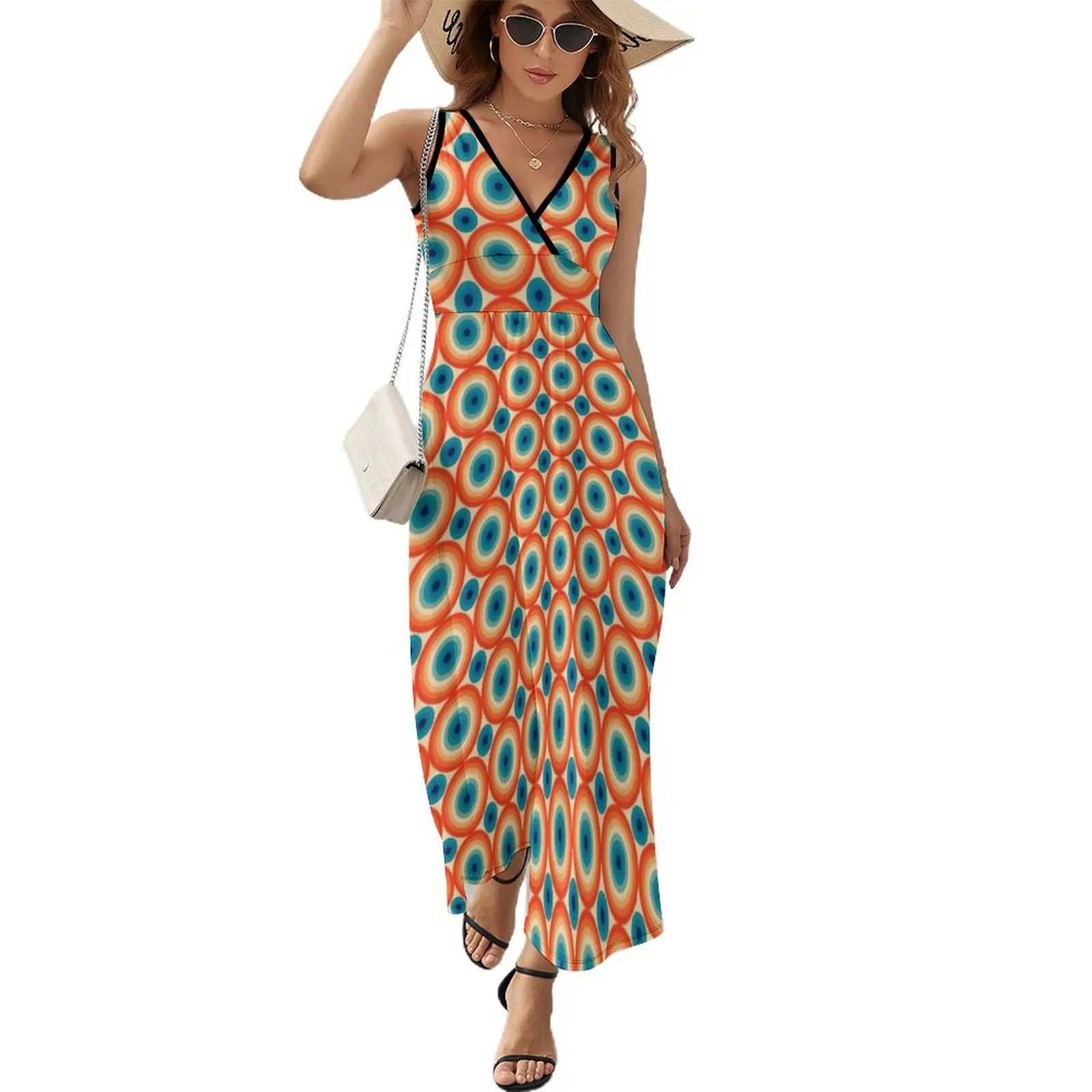 

70s Polka Eye illusion Dot Pattern in Orange and Blue Sleeveless Dress Women's dresses dress party night