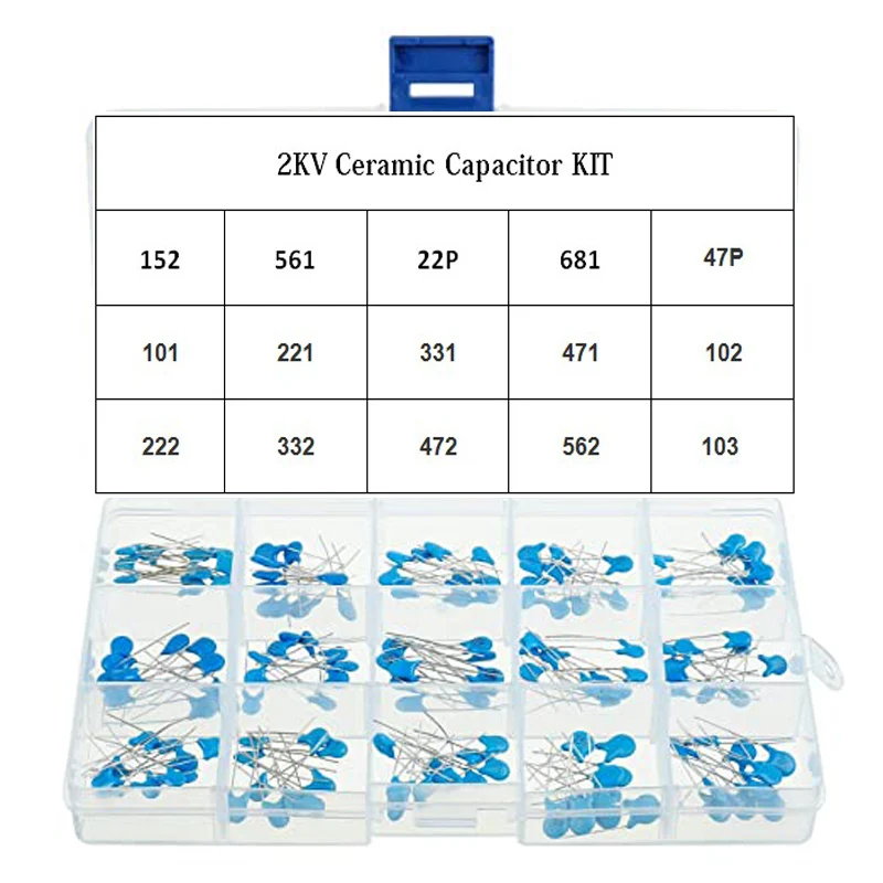 150Pcs 15Value*10Pcs 2KV Ceramic Capacitor KIT 2KV 5P 10P 22P 47P 56P 101 151 221 331 471 102 222 332 472 103
150Pcs 15Value*10Pcs 2KV Ceramic Capacitor KIT 2KV 5P 10P 22P 47P 56P 101 151 221 331 471 102 222 332 472 103