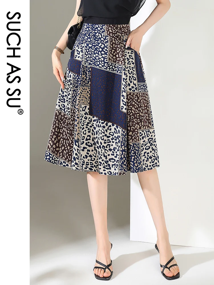 

SUCH AS SU All Season Womens Twill Pleated Skirts Female Leopard Geometric Elastic Waist S-3XL Mid Long Pockets Big Swing Skirt