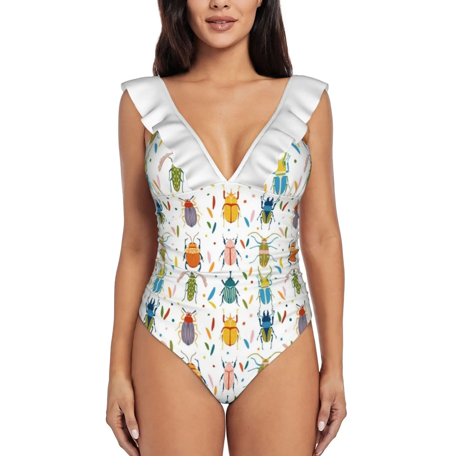 

Colourful Beetles Ruffled One-Piece Swimsuit Women Sexy Monokini Swimwear New Beach Bathing Suits Beetles Spring Bugs Insects