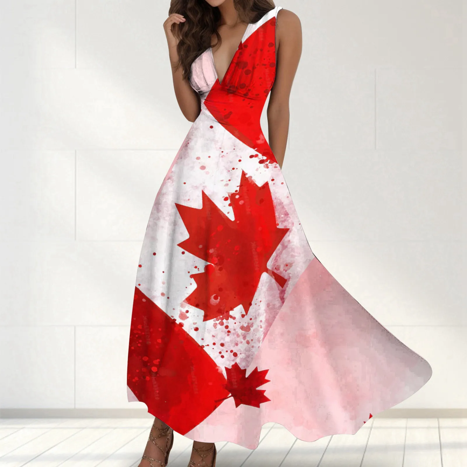 

Женское модное весеннее платье с канадским принтом без рукавов с V-образным вырезом и боковой молнией (2) Повседневные платья для беременных