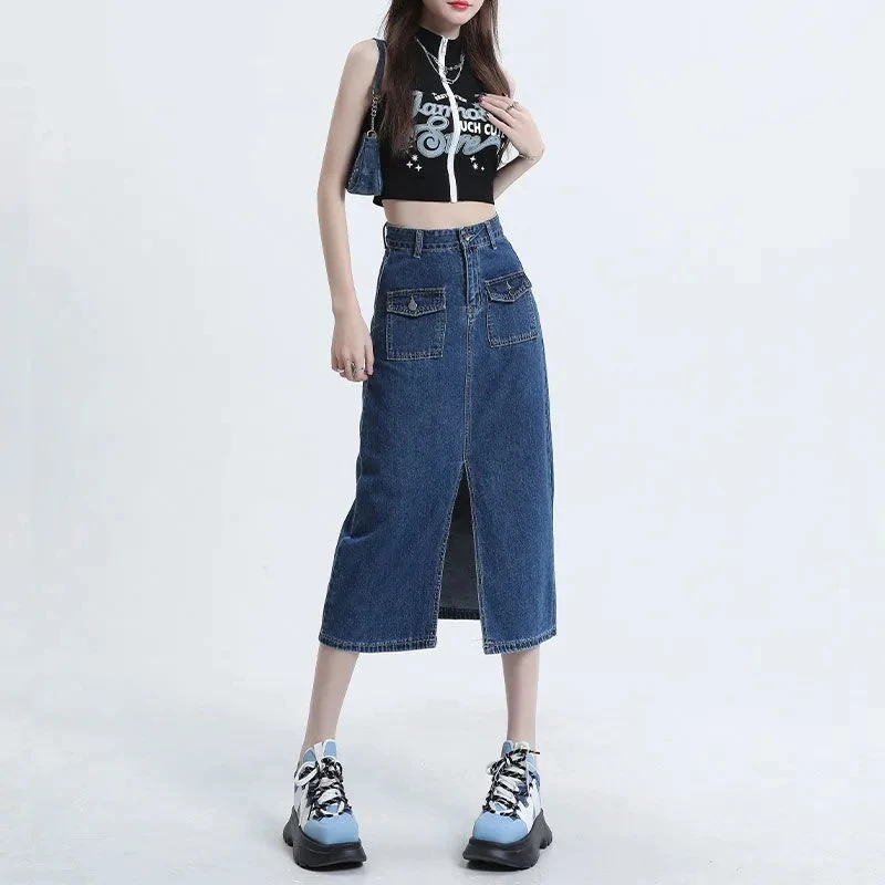 

Casual Retro Front slit Denim Skirt for Women's Clothing Spring Summer Cowboy Skirt 2024 New High Waisted Slim Wrap Jeans Skirts