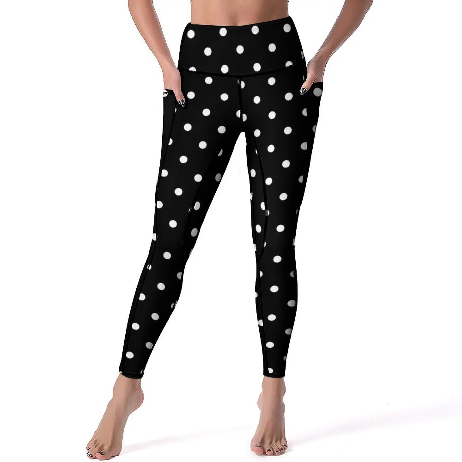 

Black Polka Dots Leggings Vintage Print High Waist Yoga Pants Casual Stretchy Yoga Legging Lady Graphic Running Sport Pants