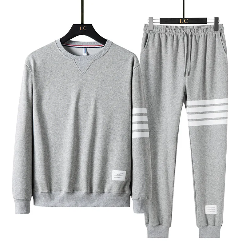 

Autumn Fashion Cotton Four-bar Stripes Sweatsuit Men's Round Neck Long Sleeve Sweater Trousers Two Piece Set Casual Tracksuits