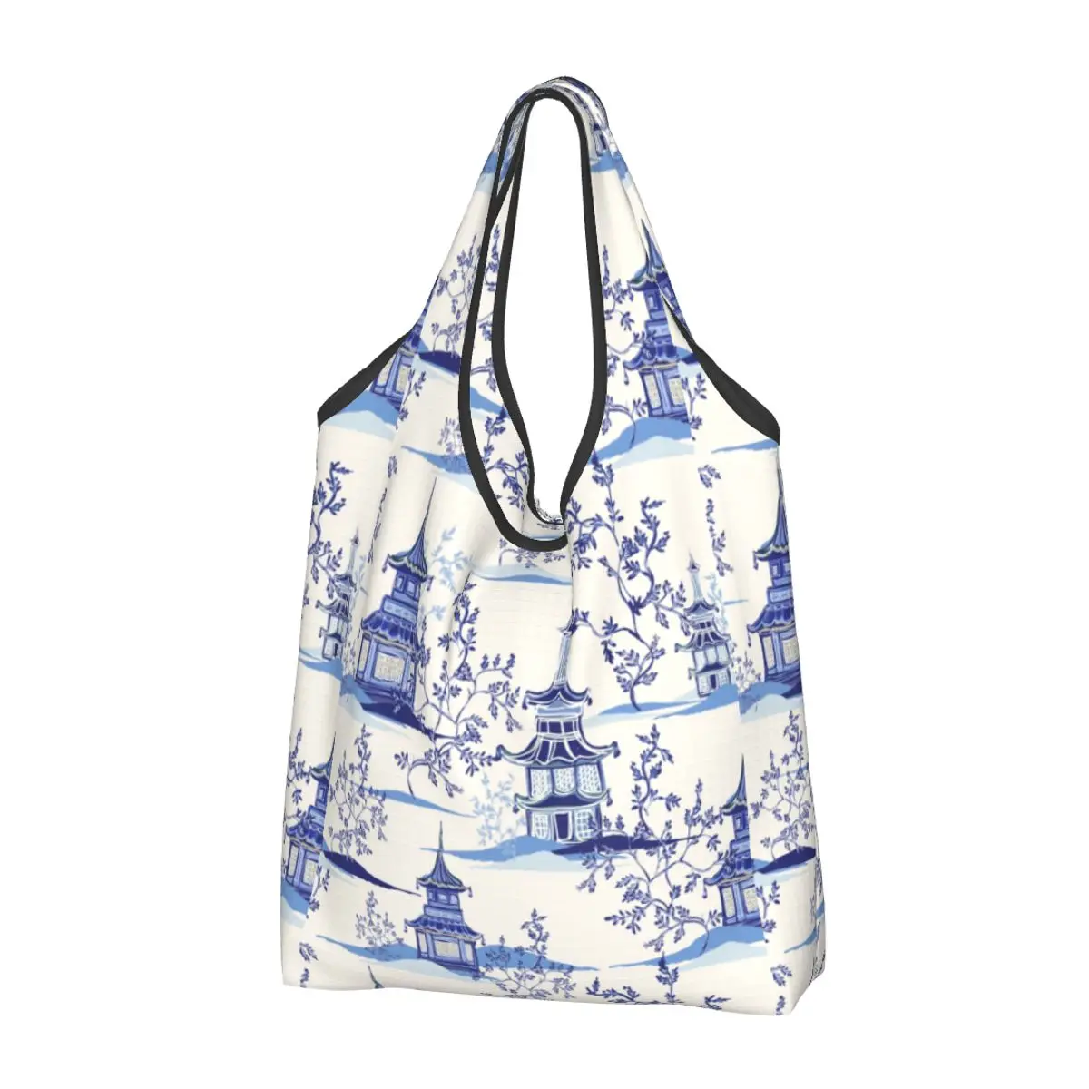 

Chinoiserie Tea House Reusable Shopping Grocery Bags Foldable 50LB Weight Indigo Blue Delft Chinoiserie Eco Bag Eco-Friendly