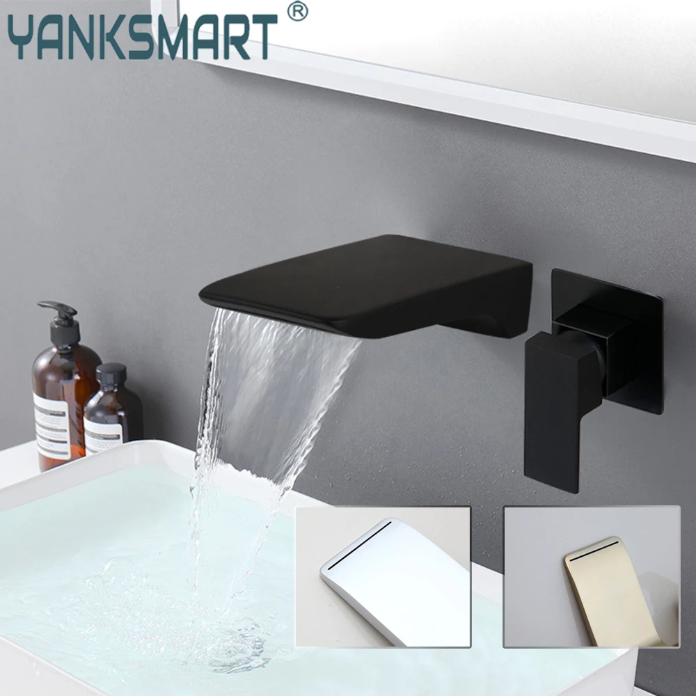 

YANKSMART Bathroom Faucet Basin Sink Waterfall Spout Wall Mounted Brass Faucets With Embedded Box Concealed Mixer Water Tap