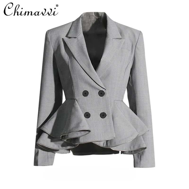 

Elegant OL Waist-Tight Slim-fit Suit 2024 Spring and Autumn New Fashion Patchwork Ruffled Long Sleeve Blazers Women's Coats