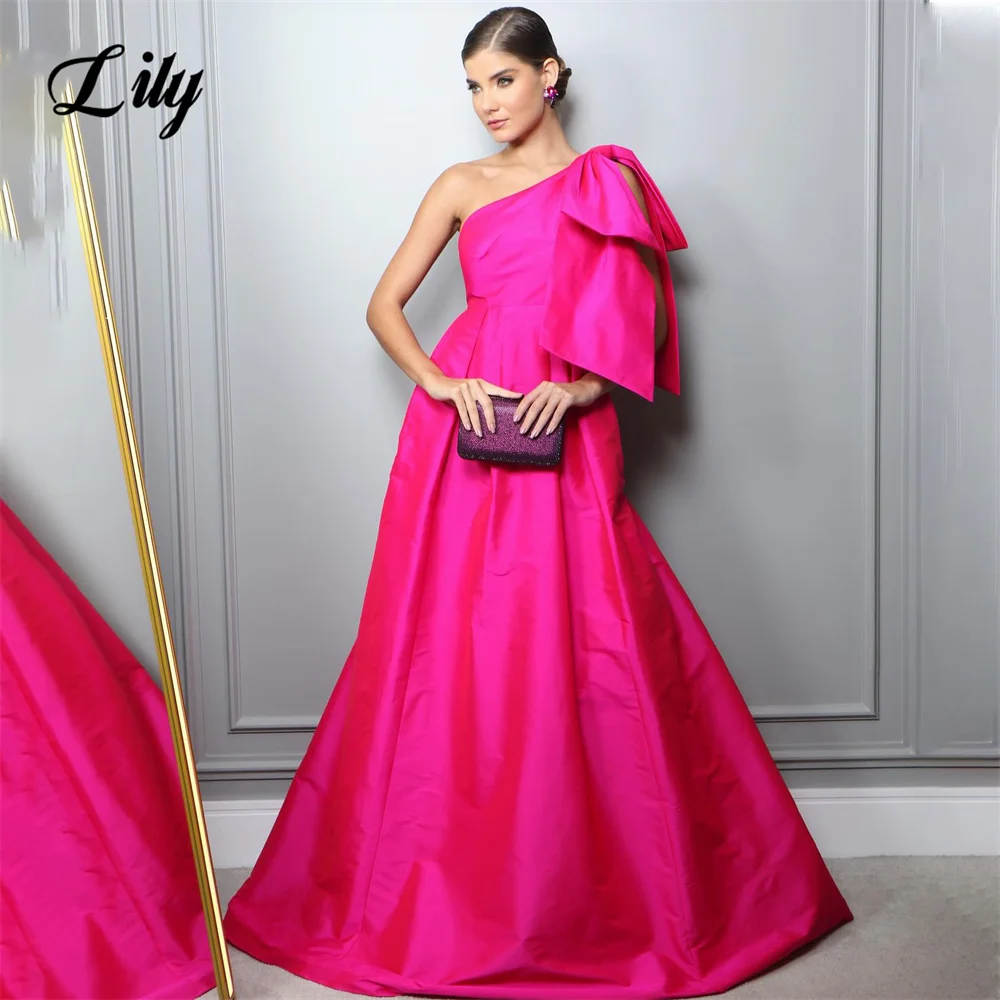 

Lily Fuchsia A Line Prom Dress One Shoulder Party Dresses Stain Celebrity Gowns with Bow Wedding Party Dress вечерние платья