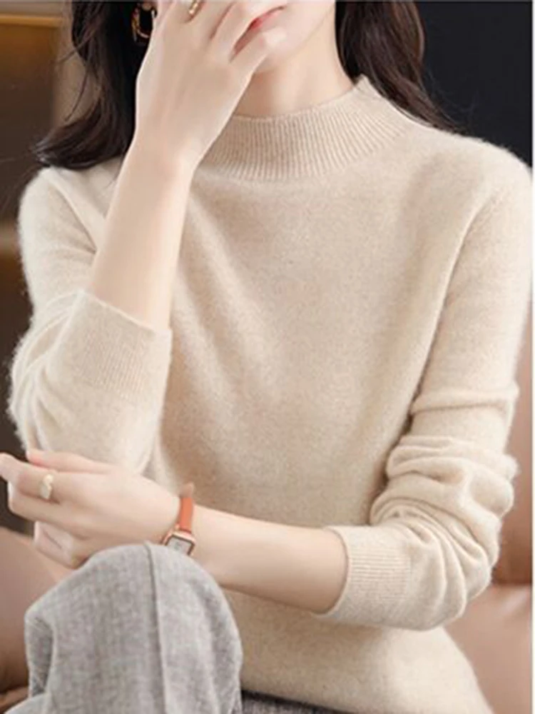 

Autumn Winter Half High Collar Sweater Women Jumpers Solid Soft Warm Cashmere Woman Sweater Knitted Woolen Basic Thick Pullovers