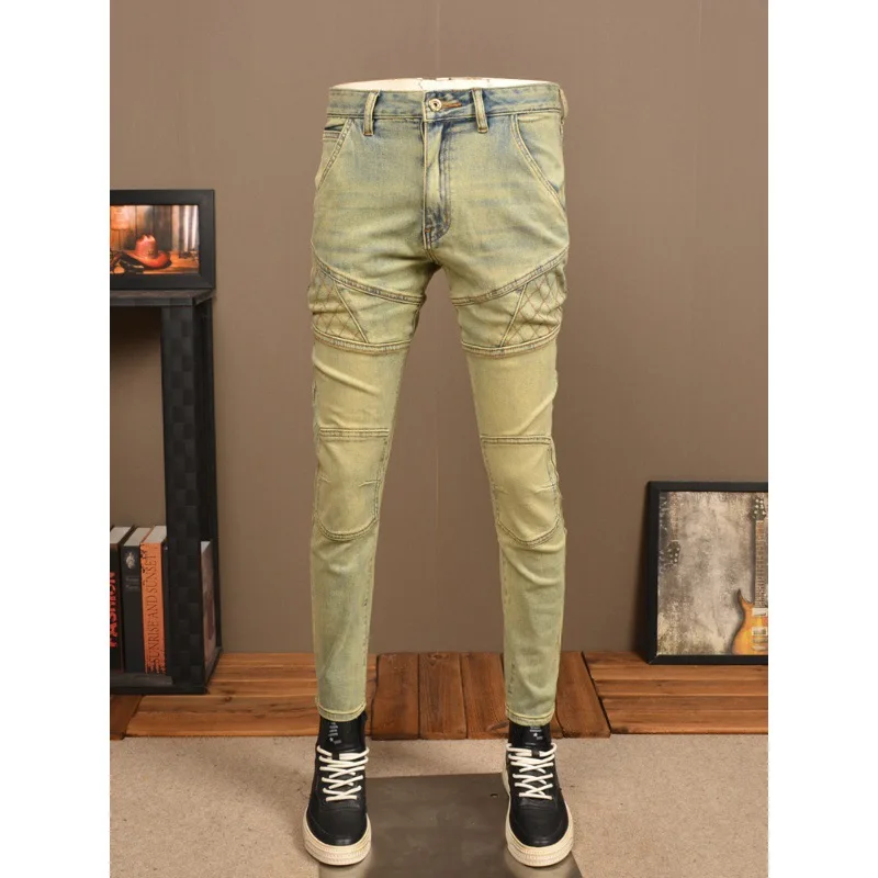

New Men'S Jeans Retro Splicing Fashion Brand Stretch Men'S Pants Slim Straight Leg Nostalgia Blue Biker Denim Pants