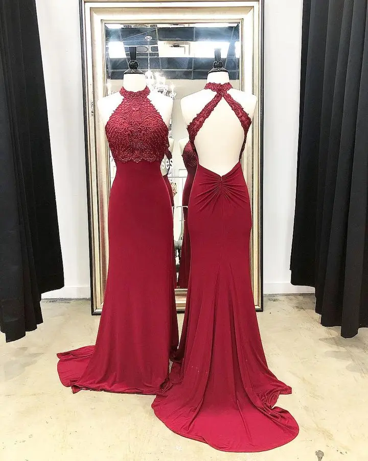 Dark Red Hatler Prom Dresses Sheat Lace Appliques Long Party Dress Sexy Backless Sweep Trian Formal Occasion Dresses
Dark Red Hatler Prom Dresses Sheat Lace Appliques Long Party Dress Sexy Backless Sweep Trian Formal Occasion Dresses