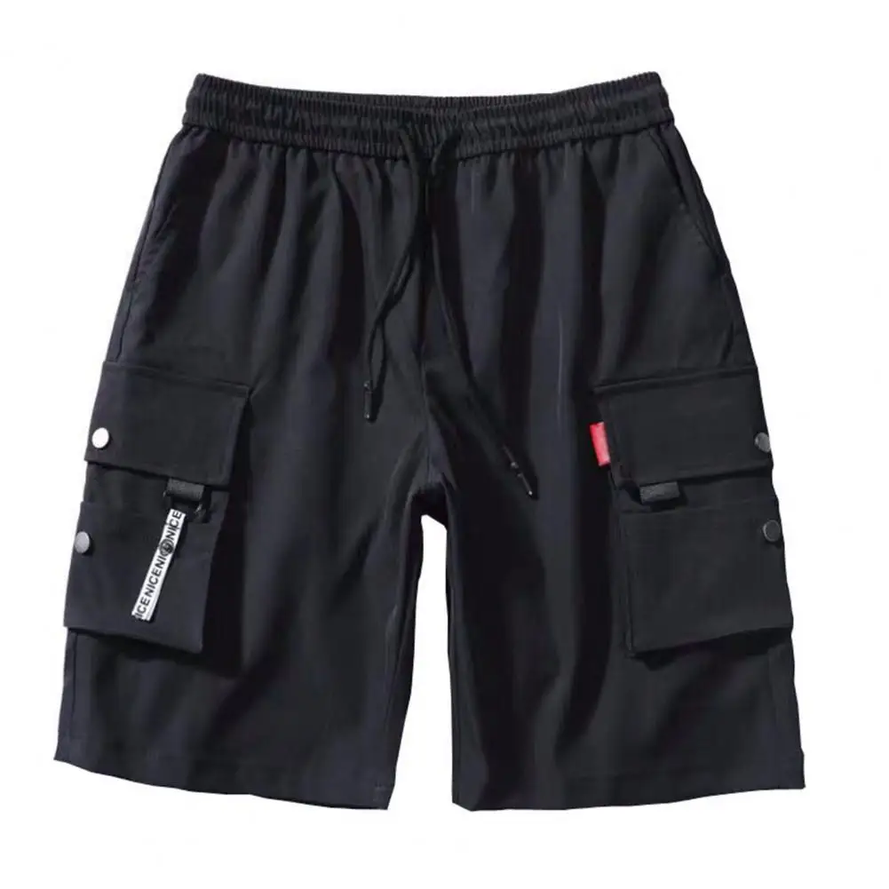 

Relaxed Fit Men Shorts Men's Summer Elastic Waistband Drawstring Cargo Shorts with Multiple Pockets Wide Leg for Streetwear