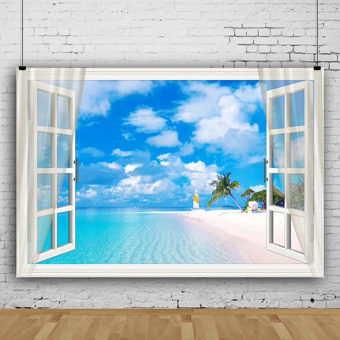 

Vinyl Custom Window Beach Coconut Tree Photography Backdrops Props Scenery Mall Indoor Decoration Photo Studio Background HH-27