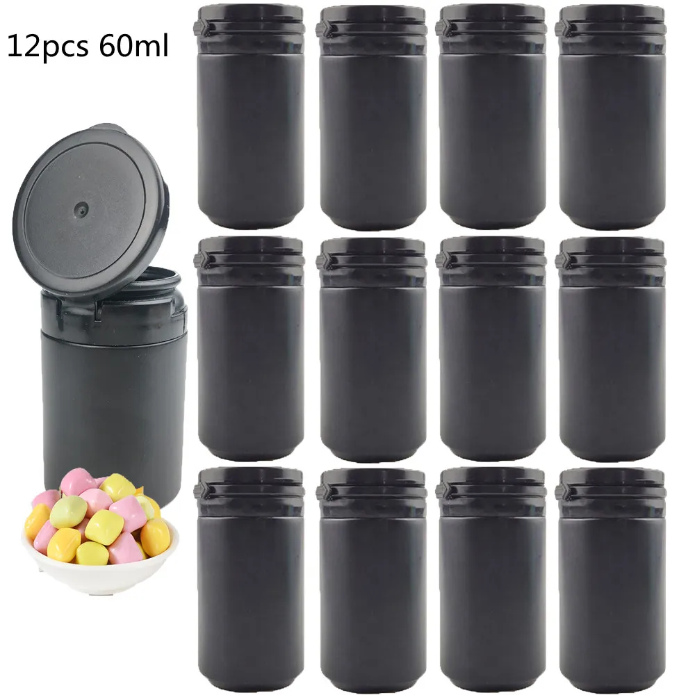 

12pcs 60ml 2oz Black Plastic HDPE Straight Round Empty Plastic Pill Container Chewing Gum Bottle With Pull Ring Cap