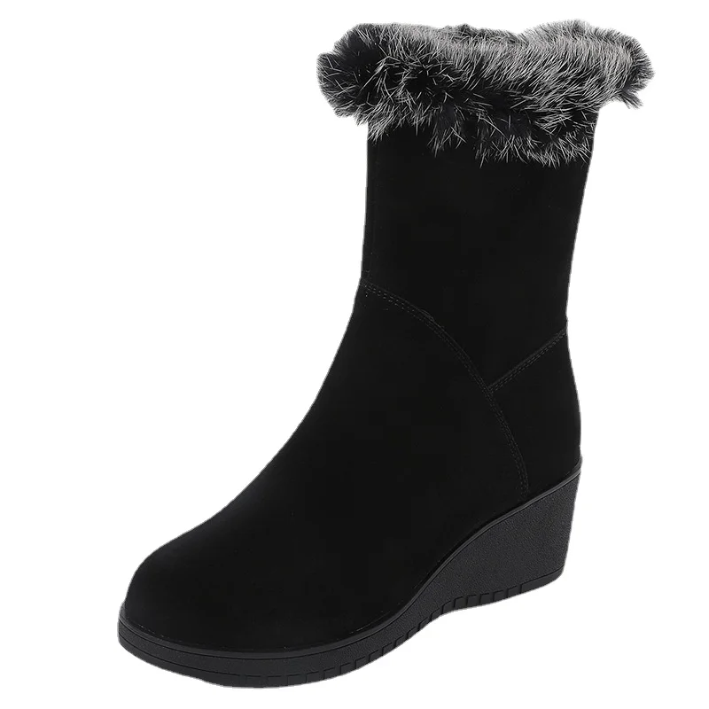 

ZXRYXGS Superior Frosted Cowhide Warm Snow Boots Rabbit Fur Decorate Women Fashion Boots 2024 in-tube Wedges Winter Wedges Boots