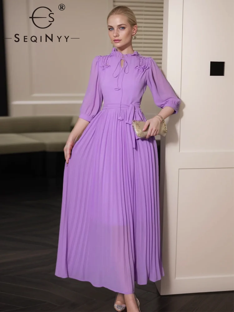 

SEQINYY Elegant Purple Dress Midi Summer Spring New Fashion Design Women Runway Half Sleeve Beading Pleated Casual High Street
