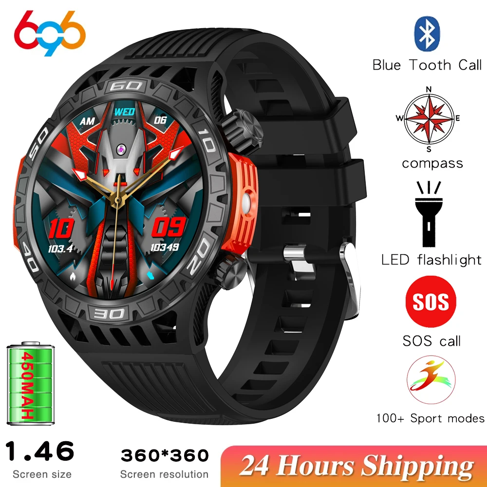 

Outdoor Sports Fitness Men Blue Tooth Call Smart Watches Compass SOS Waterproof LED Flashlight Music Smartwatch 450Mah Battery