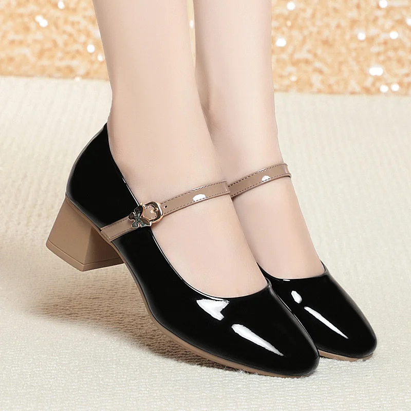 

Spring New Women's Black Mary Jane Shoes Soft Leather Square Heel Dress Shoes Shallow Mouth Buckle Strap Single Shoes