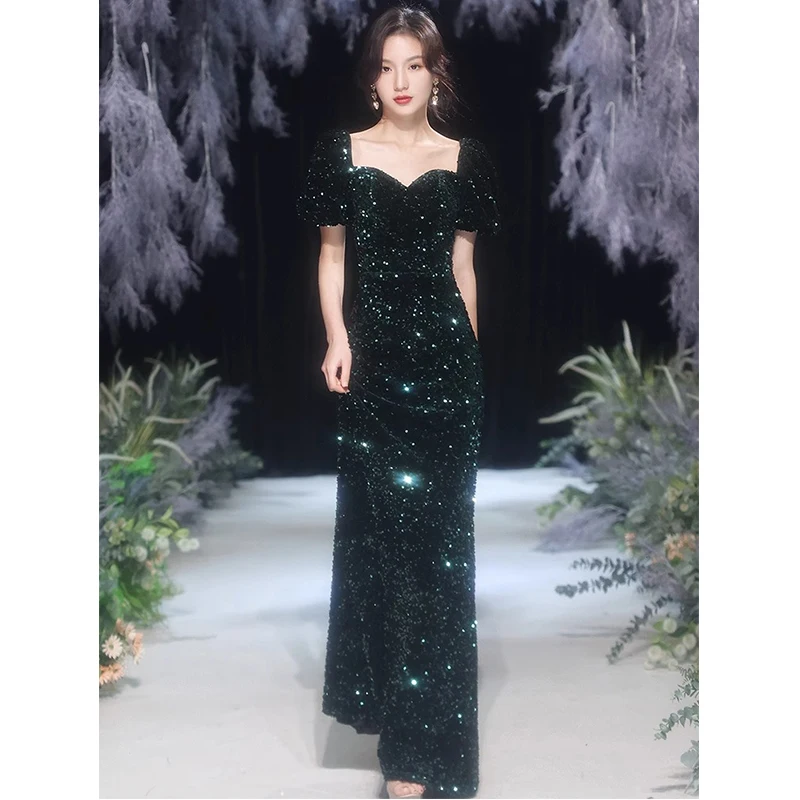 

Velvet Sequin Green Evening Dresses Long Elegant Sweetheart Floor-Length Mermaid Women Prom Gowns For Graduation Party