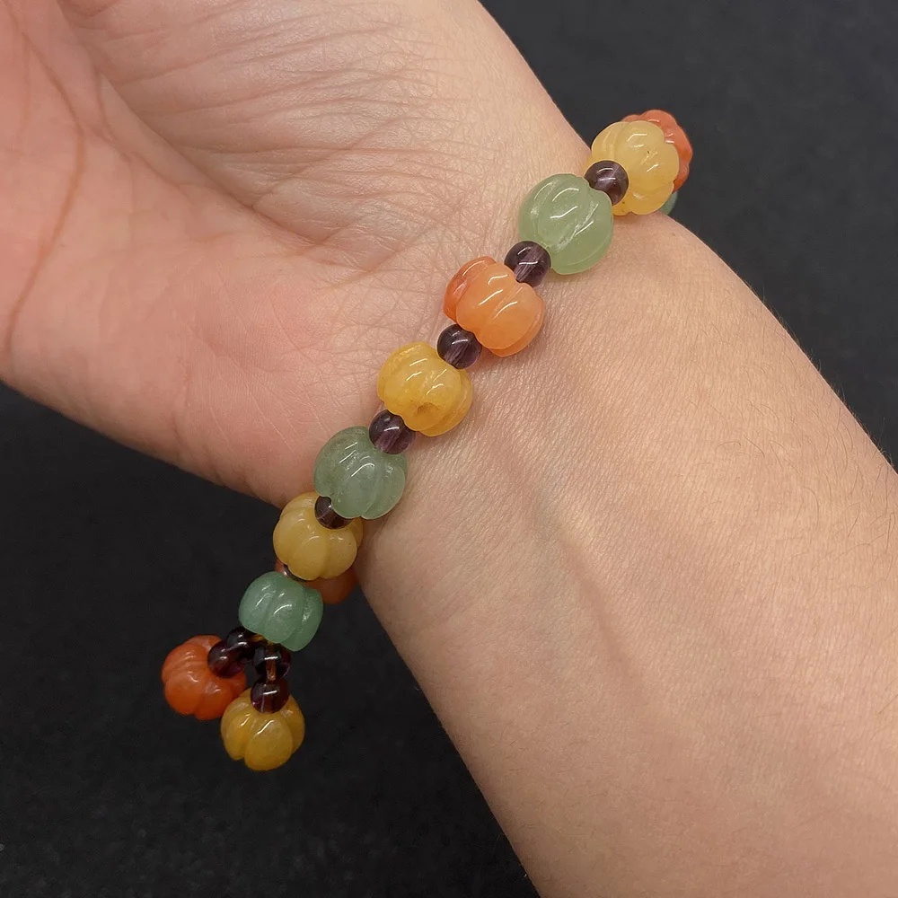 

Handwoven Natural Stone Pumpkin Bracelet Pumpkin Beads Colorful Agate Reiki Healing Beads Bracelet for Women Gift Accessories