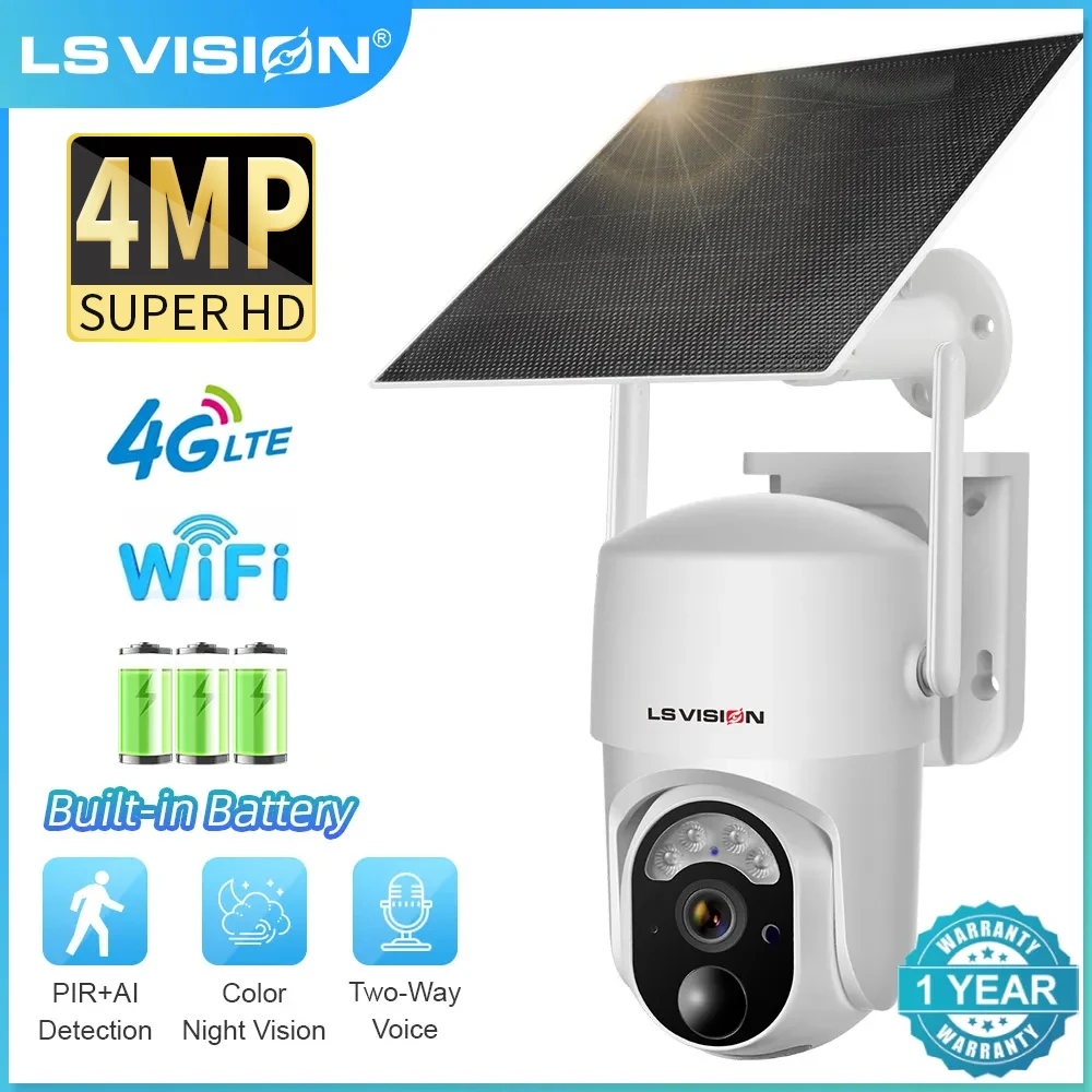 

LS VISION 2K 4G Solar Security Cameras Wireless Outdoor 4MP UHD PTZ Color Night Vision 2-Way Talk PIR Detection Home CCTV Camera