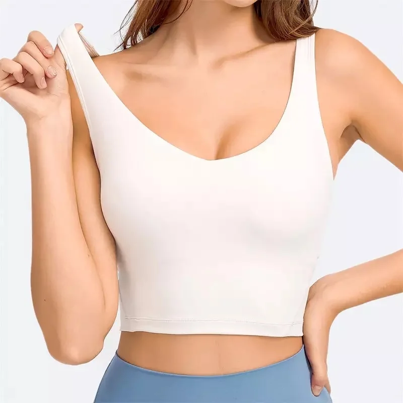 

Logo Deep V-Neck Exercise Yoga Sport Bras Women Super Comfy Longline Athletic Workout Crop Tops with Built In Bra Top Gym Wear