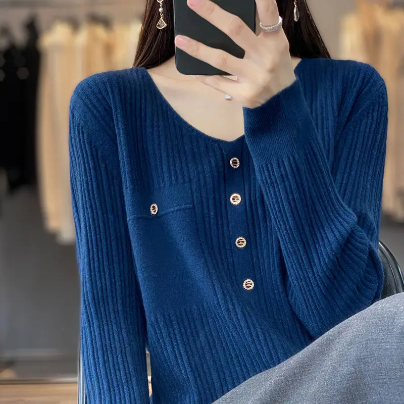 

Корейский Свободный однотонный вязаный свитер, Осень-зима 2023, повседневная женская одежда с V-образным вырезом, универсальные джемперы с длинными рукавами для поездок