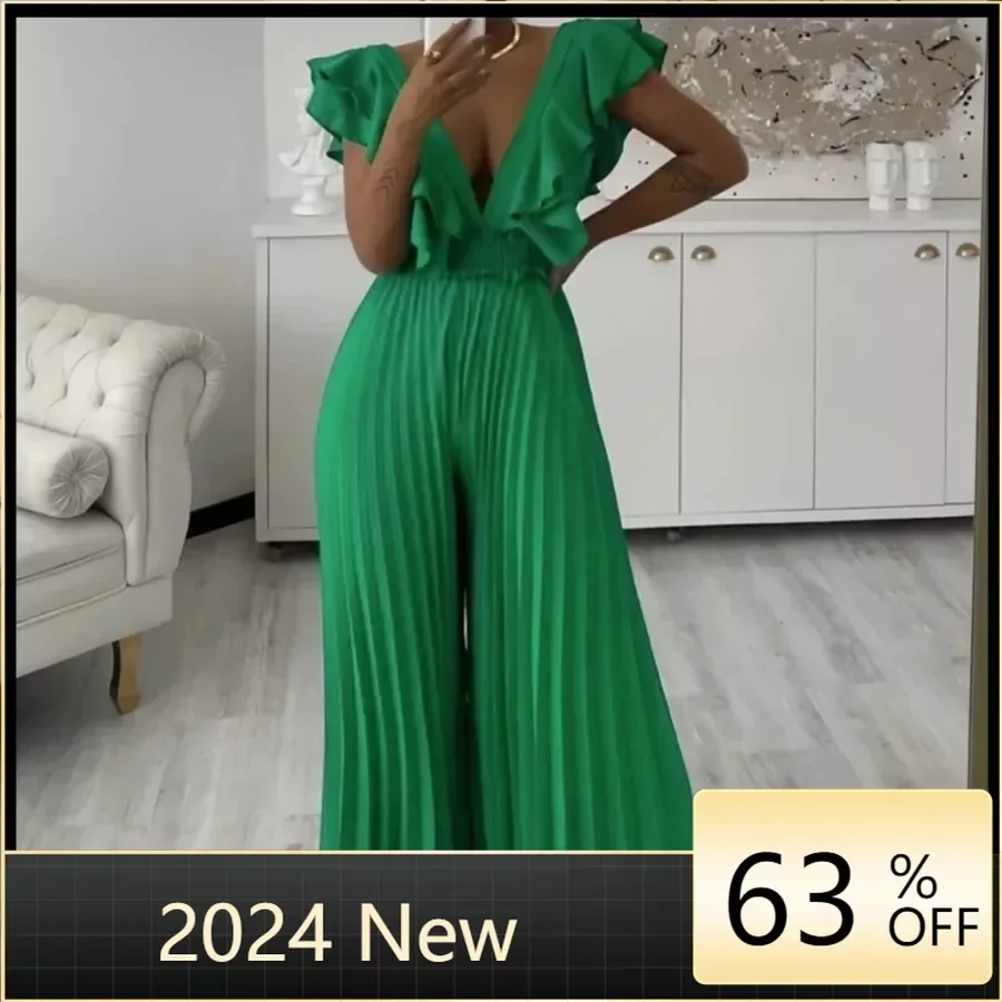 

Elegant Mesh Patchwork Pleated Wide Leg High Waist V-neck Flare Sleeve Women Jumpsuit 2024 Summer Party Playsuit Overall