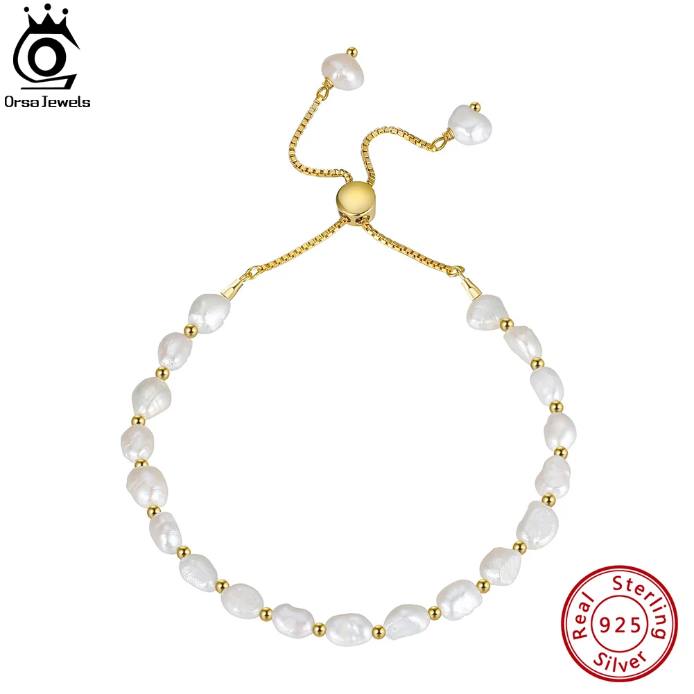 

ORSA JEWELS 14K Gold 925 Sterling Silver Pearl Bracelet Chain Link Baroque Culture Pearl Fashion Dainty Handmand Jewelry GPB09