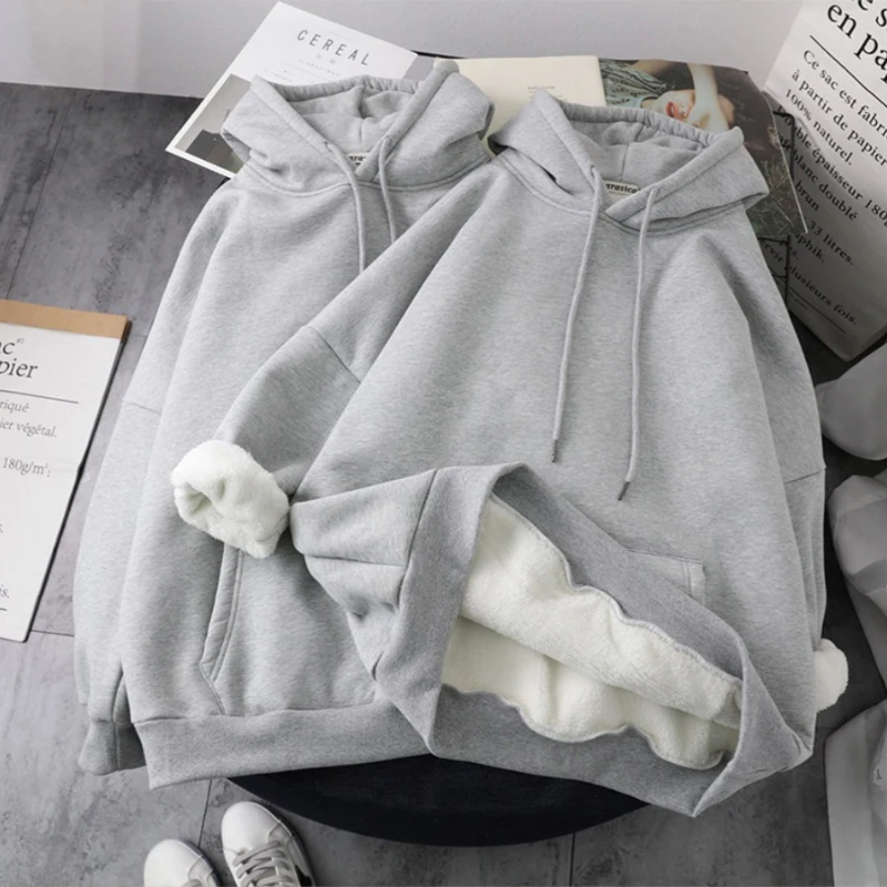 

Women's Thick Lambswool Hooded Hoodies Solid Color Simple Drawstring Big Pocket Pullovers Casual All-Matched Fleece Sweatshirts