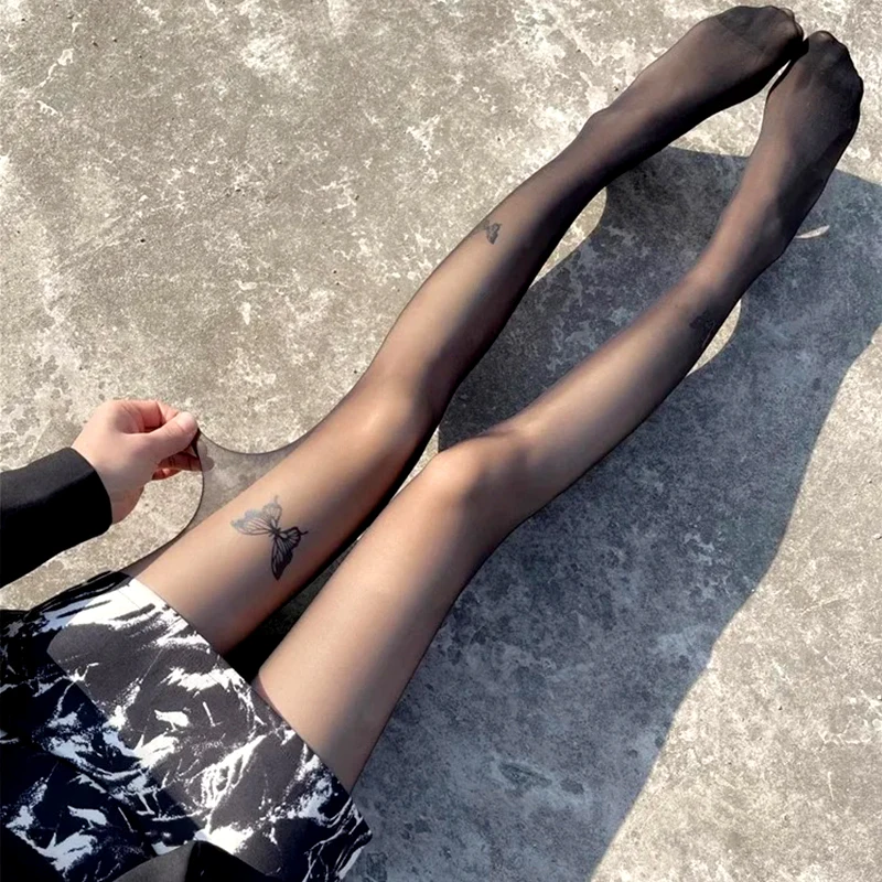 

1pc Spring/summer Tights Butterfly Printed Ultra Thin Invisible Black Transparent Silk Jumpsuit Women Lolita Y2k Style Stockings