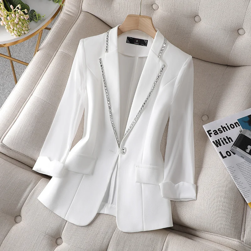 Diamonds Encrusted V-Neck Blazer Coat Women Elegant Summer Three Quarter White Jacket Korean Single Button Suit Jacket Plus Size
Diamonds Encrusted V-Neck Blazer Coat Women Elegant Summer Three Quarter White Jacket Korean Single Button Suit Jacket Plus Size