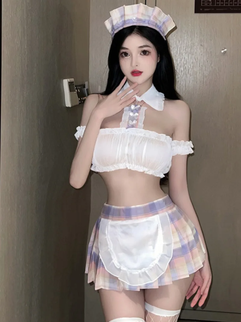 

Sexy Uniforms Charm Sweet Cute Sheer Style Maid Pleated Thin Skirt Set Waist Exposed Design Role Playing Erotic Summer Top 26WD