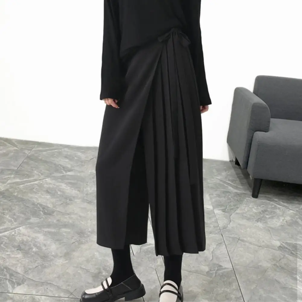 

Cropped Pants Black Solid Color Pleated Wide Leg Culottes for Women High Street Style Irregular Mid-calf Length Pants Loose Fit