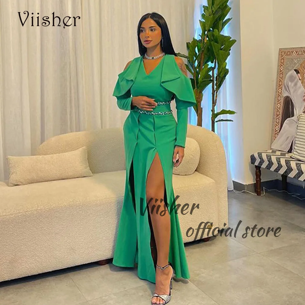 Viisher Green Satin Arabic Dubai Prom Party Dresses with Slit Long Sleeve V Neck Formal Evening Gowns Floor Length
Viisher Green Satin Arabic Dubai Prom Party Dresses with Slit Long Sleeve V Neck Formal Evening Gowns Floor Length