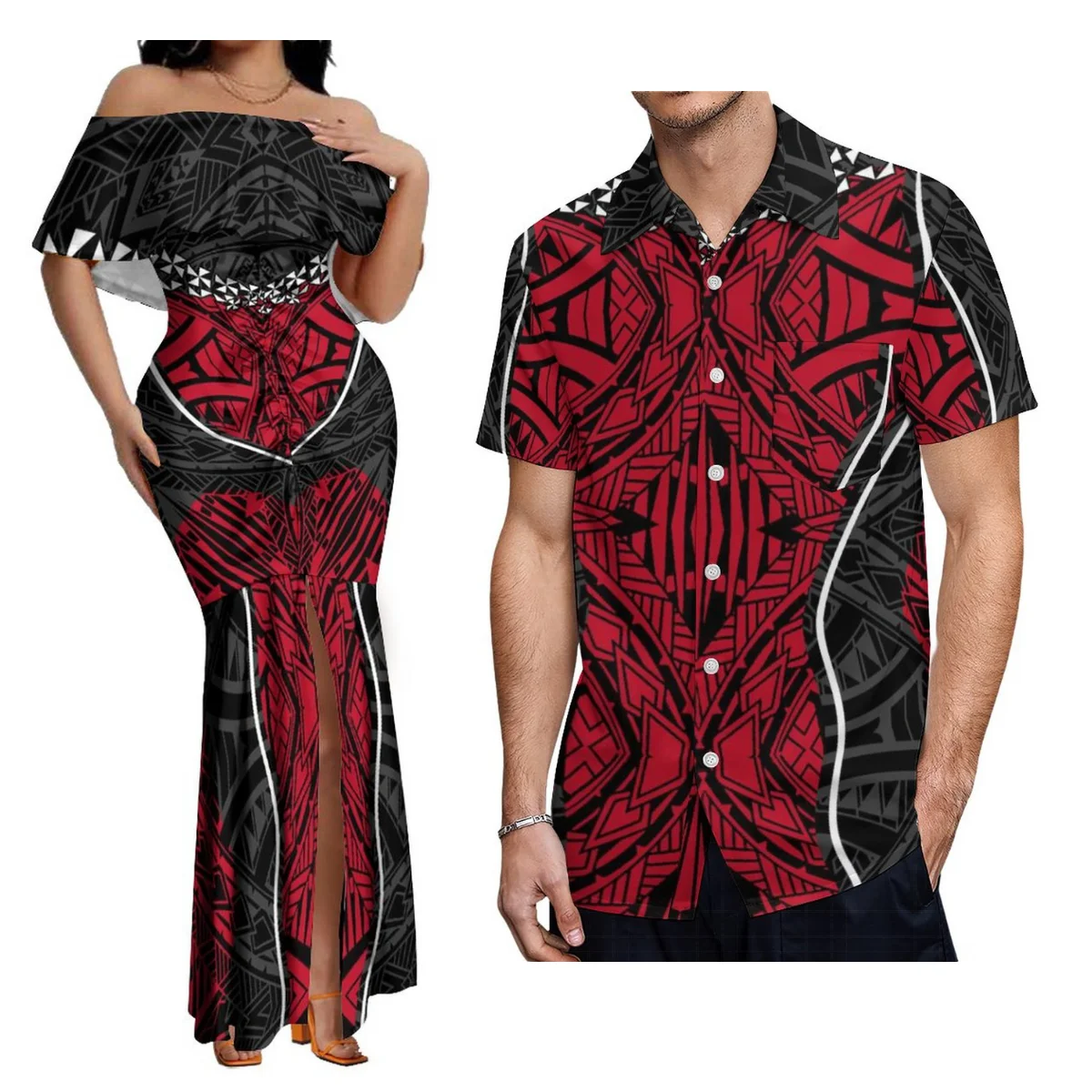 

Summer Women'S Split-Shoulder Fishtail Dress Polynesian Tribal Print Women'S Dress And Men'S Aloha Shirt Matching Suit