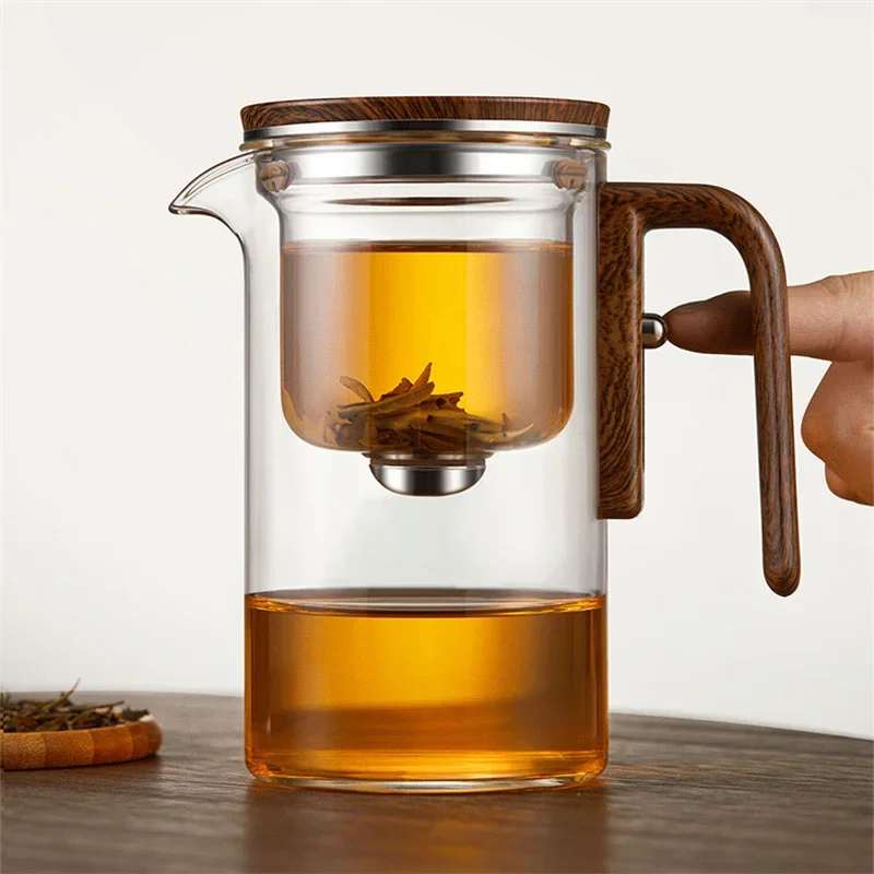

One Click Magnetic Switch Tea Separation Filtration Glass Tea Pot Wood Handle Tea Water Separation Inner Container Teapot