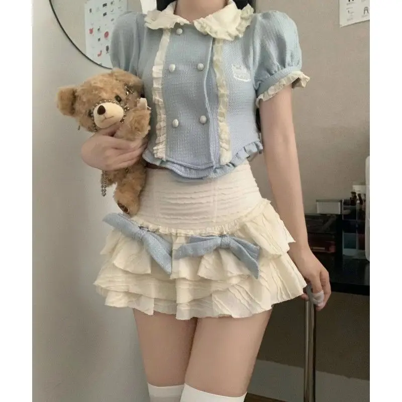 

Sweet Spicy Doll Neck Top Fluffy Skirt Two Piece Set Lady Korean Lace Splice Bow Bubble Sleeve Flounce Contrast College Slim Set