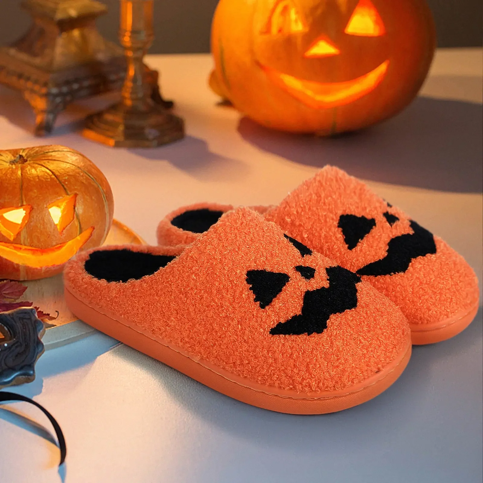 

Halloween Pumpkin Slipper Ghost Funny Face Flat Indoor House Shoes Soft Plush Cozy for Women Men Horror Movie Halloween Gifts