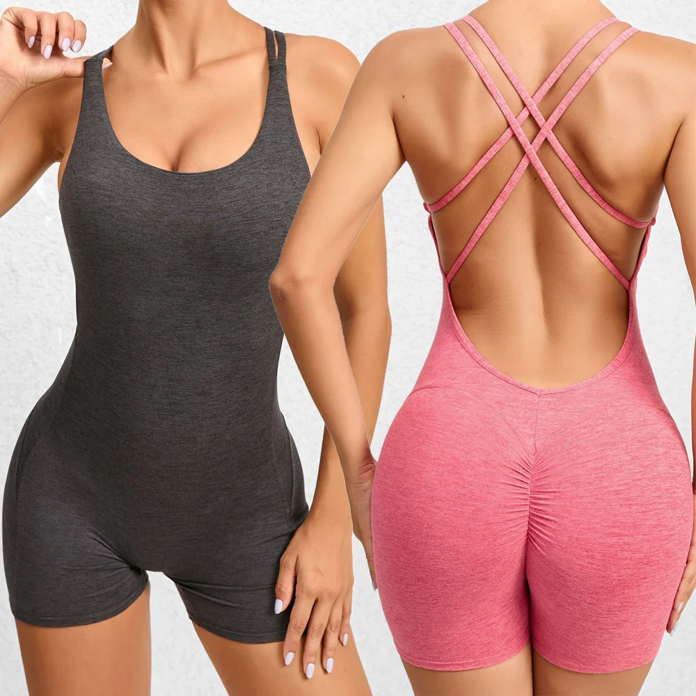 

With Logo Rounded Butt Seams Flattering Form Bodysuit Shorts Built in Bra Heather Fabric Hides Flaws 4 Way Stretch Womens Outfit