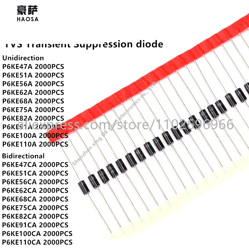 

2000Pcs P6KE47A P6KE47CA 51/56/62/68/75/82//91/100/110A/CA TVS Transient Suppression diode Unidirectional/Bidirectional DIP DO15