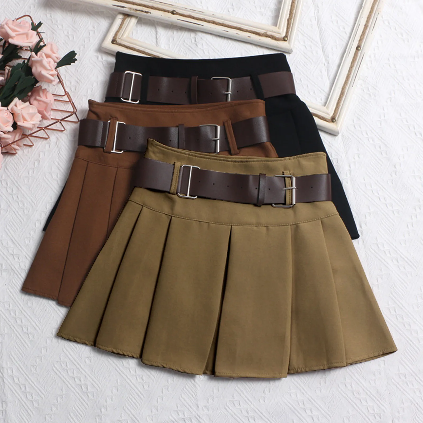 

Brown Belted Mini Skirt Low Waisted Pleated Skirt with Belt Women Academia Aesthetic Vintage Outfit umbrella skirt half skirt