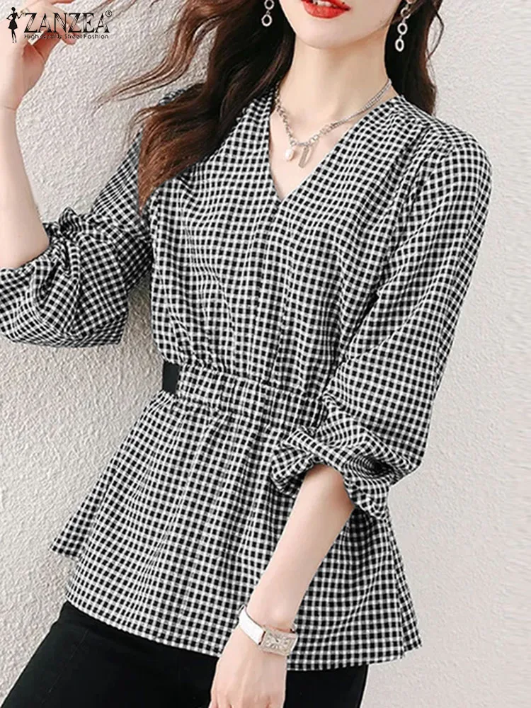 

ZANZEA Summer OL Work Blouses Waisted Checked 2024 Fashion Daily Tops Women Long Sleeve Casual Plaid Blusas Stylish V Neck Shirt