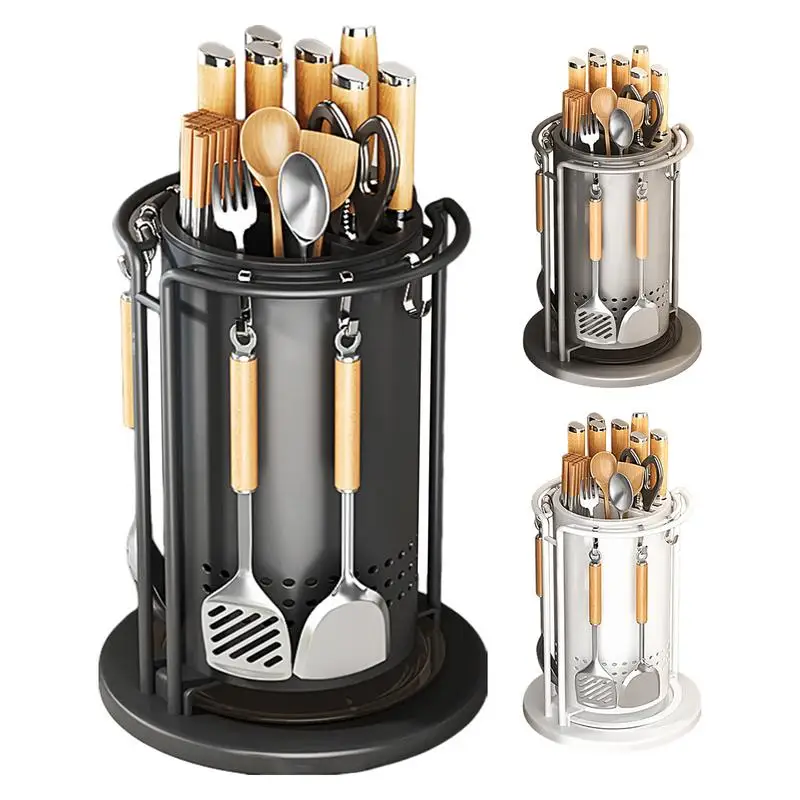 

Countertop Cutter Holder Rotatable Stand Stainless Steel Cutter Holder with 6 Hooks Rustproof Silverware Storage Stand Utensil