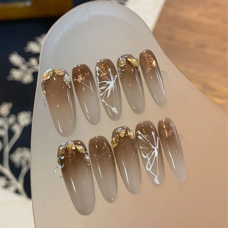 

10 Pcs Wearing False Nails Fake Nails Pure Handmade 【Lingering Light Of The Setting Sun】 Complimentary Nail Enhancement Kit