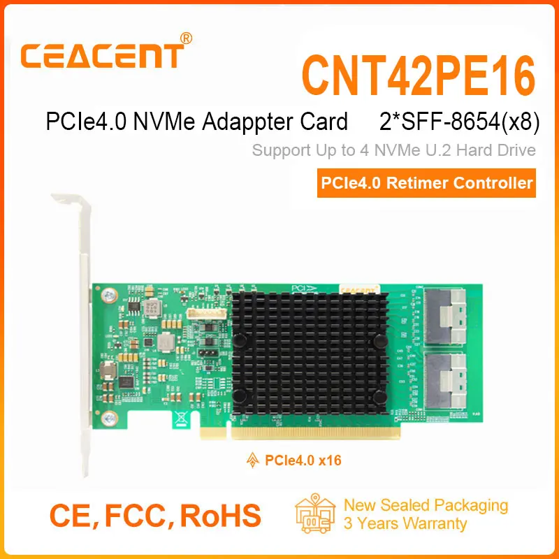 

CEACENT CNT42PE16 NVMe Gen4.0 Adapter PCIe4.0 Retimer Chip, PCIe 4.0 x16 2-Port SFF8654(x8), Support up to 4x NVMe(Gen4.0) SSD