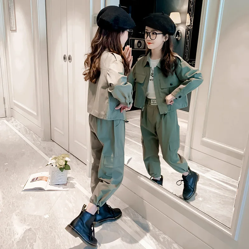 

Teen Girls' Cargo Sets Spring Autumn New Jacket Loose Cuffed Pants Two Pieces Zipper Mutiple Pockets Fashionable 5-14 Years Old