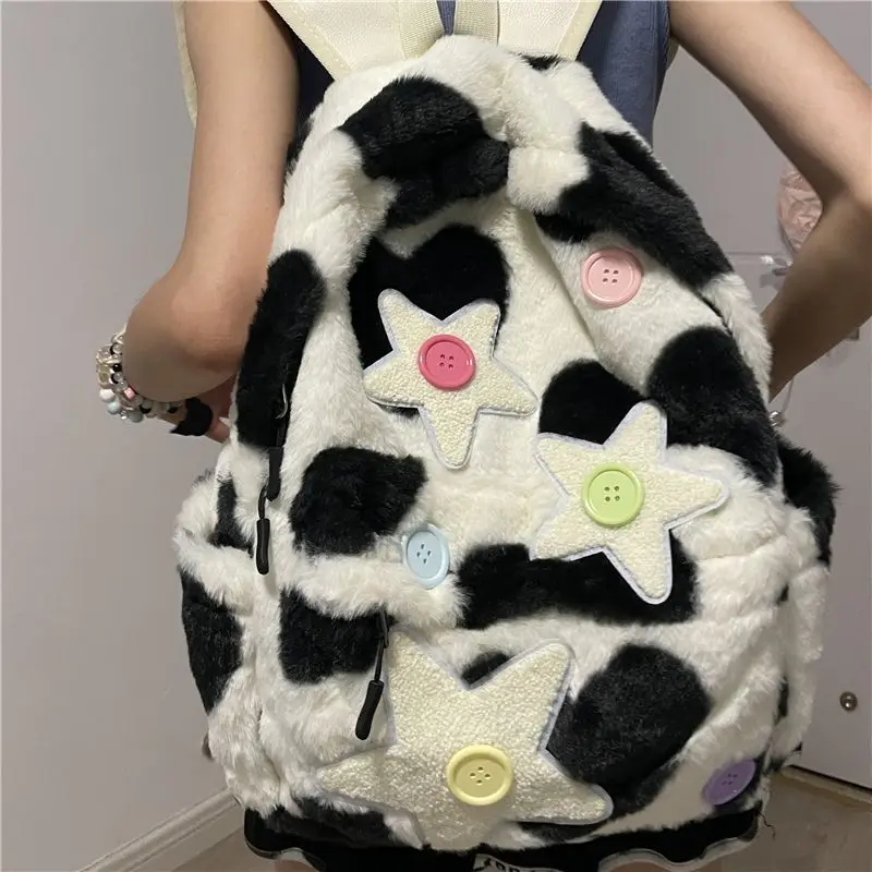 Korean Niche Design Preppy Star Patchwork Plush Student Schoolbag Y2k Cow Pattern Sweet Girl Backpack Travel Mochilas Para Mujer
Korean Niche Design Preppy Star Patchwork Plush Student Schoolbag Y2k Cow Pattern Sweet Girl Backpack Travel Mochilas Para Mujer